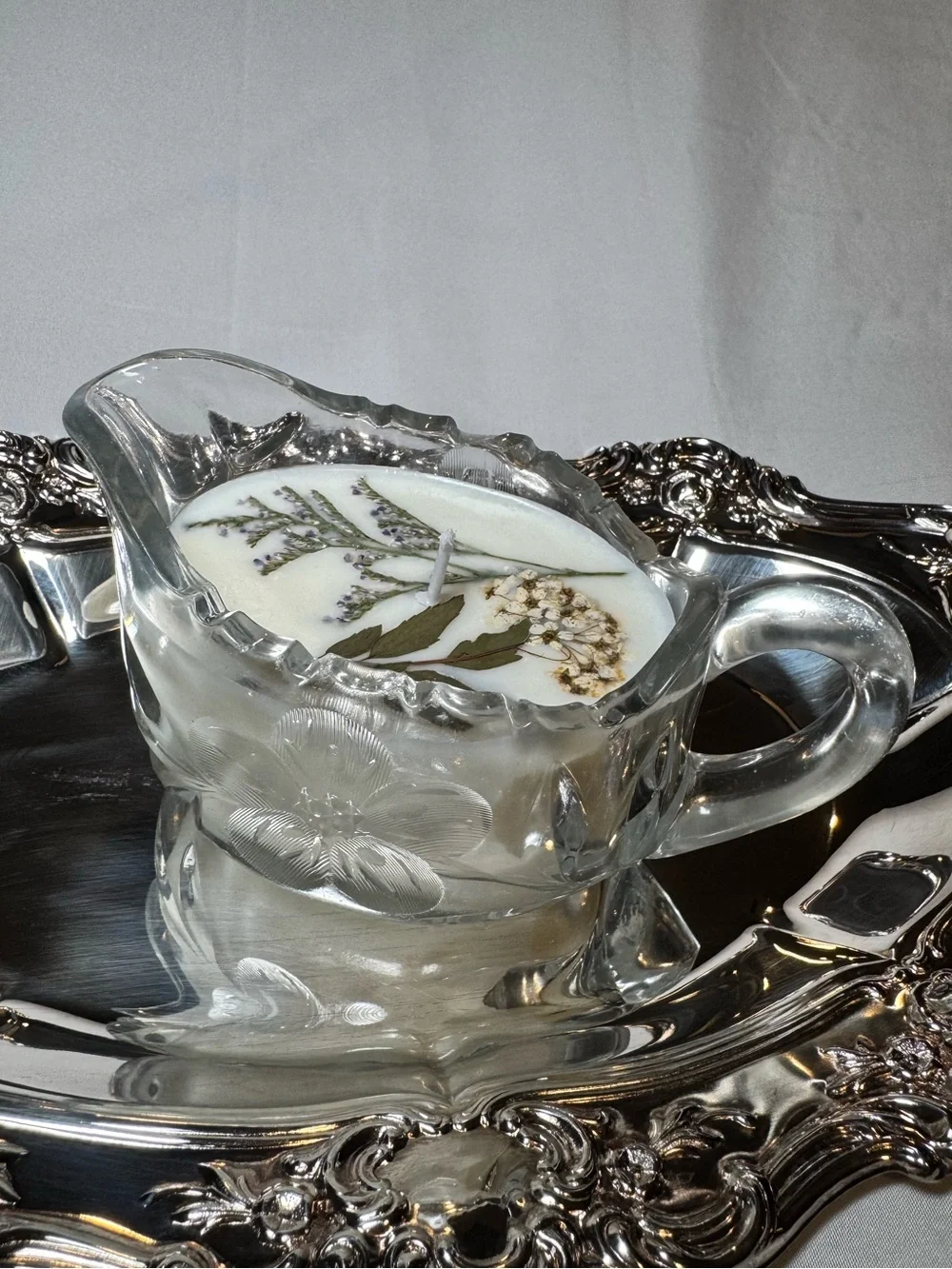 Decorative Glass Floral Candle in Clear Pitcher